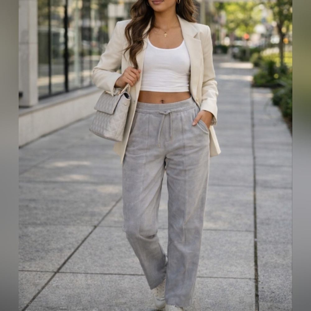 Olsen Lisa Grey Suede Feel Straight Leg Drawstring Pants Casual Luxe Minimalist